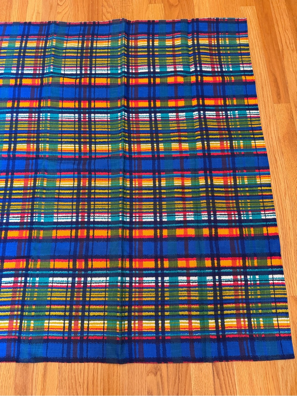 Vintage retro 1970s bright colored plaid tablecloth picnic cloth 74”x44” Mod - Picture 3 of 11